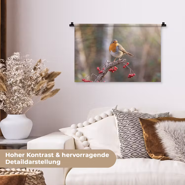 Roodborst - Tak - Bessen - Natuur Wandkleed katoen klein -tsfeer1_DE