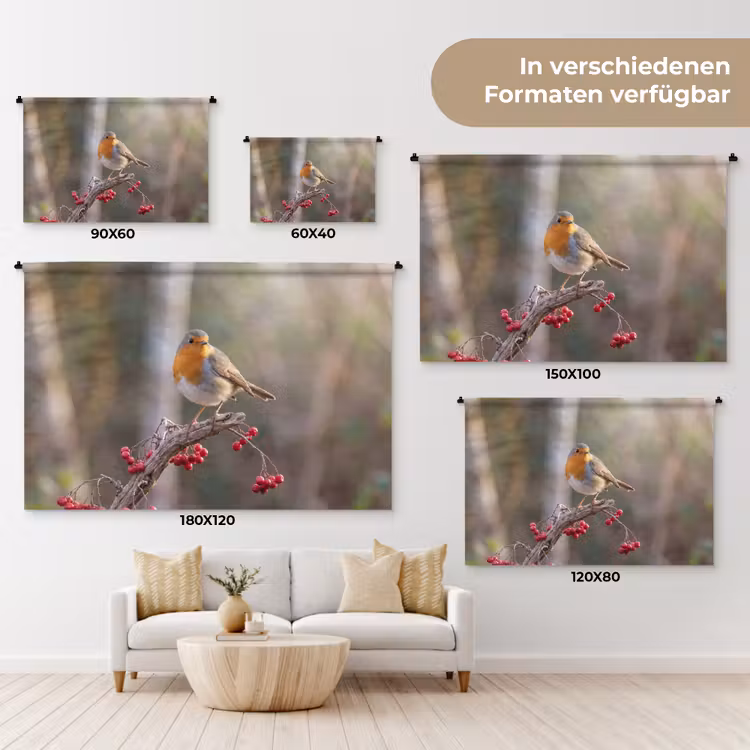 Roodborst - Tak - Bessen - Natuur Wandkleed katoen klein -tsfeer8_DE