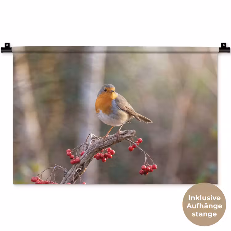 Roodborst - Tak - Bessen - Natuur Wandkleed katoen klein -t3d_DE