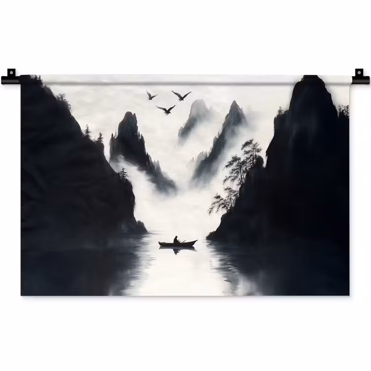 Roeiboot - Mistig - Bergen - Vogels Wandkleed katoen klein -zz3d