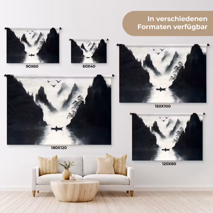Roeiboot - Mistig - Bergen - Vogels Wandkleed katoen klein -tsfeer8_DE