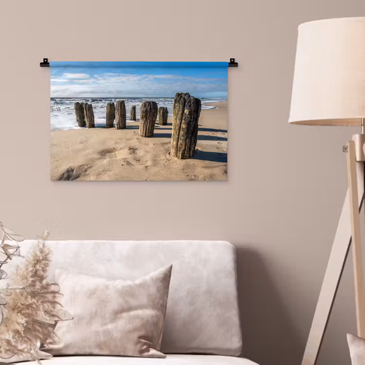 Zand - Strand - Paal - Water - Zomer Wandkleed katoen klein -sfeer4