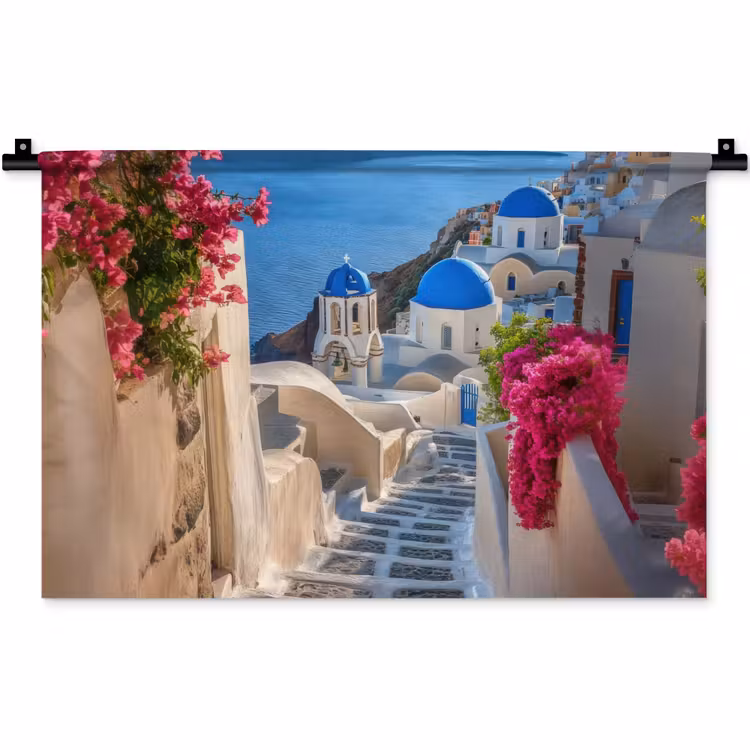 Santorini - Bloemen - Griekenland Wandkleed katoen klein -zz3d