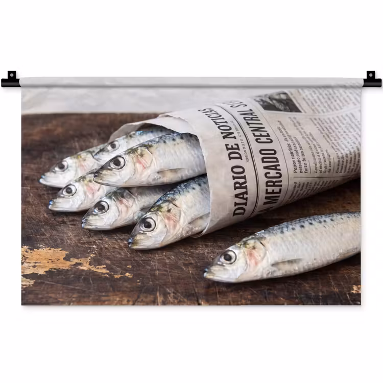 Wandteppich - Sardine – Zeitung – Schneidebrett - Sardientje - krant - snijplank Wandkleed katoen klein