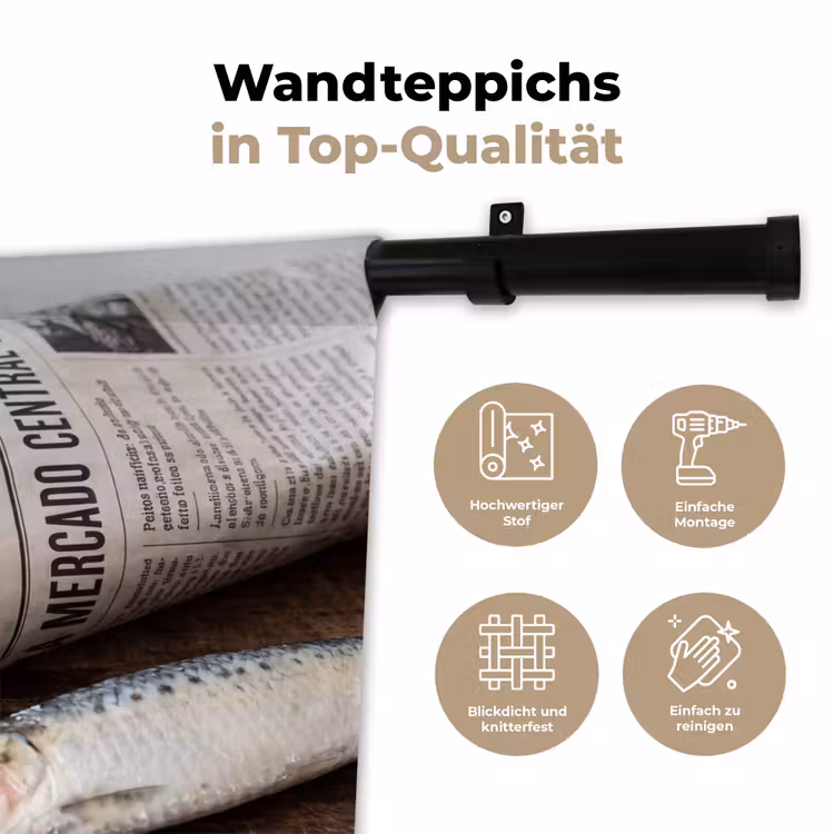 Wandteppich - Sardine – Zeitung – Schneidebrett - Sardientje - krant - snijplank Wandkleed katoen klein