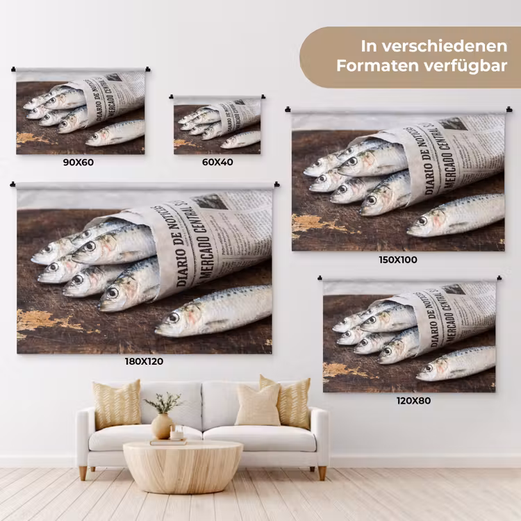 Wandteppich - Sardine – Zeitung – Schneidebrett - Sardientje - krant - snijplank Wandkleed katoen klein