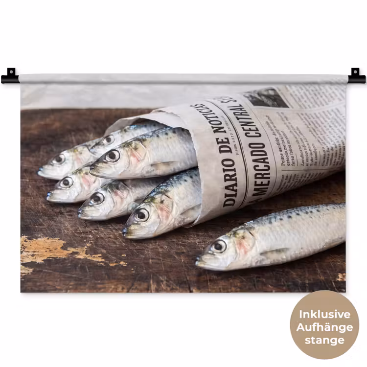 Wandteppich - Sardine – Zeitung – Schneidebrett - Sardientje - krant - snijplank Wandkleed katoen klein