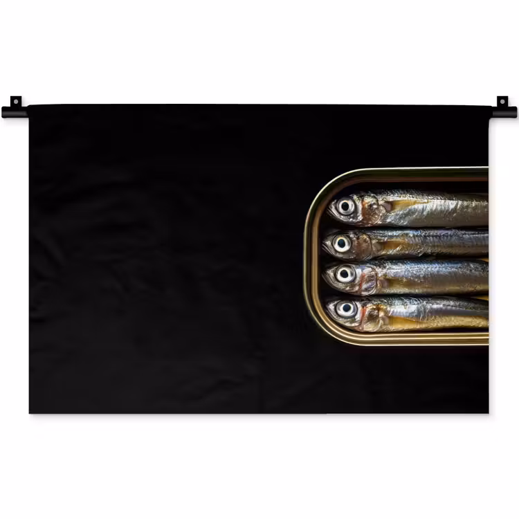 Sardines - Blik - Zwart - Vissen Wandkleed katoen klein -zz3d