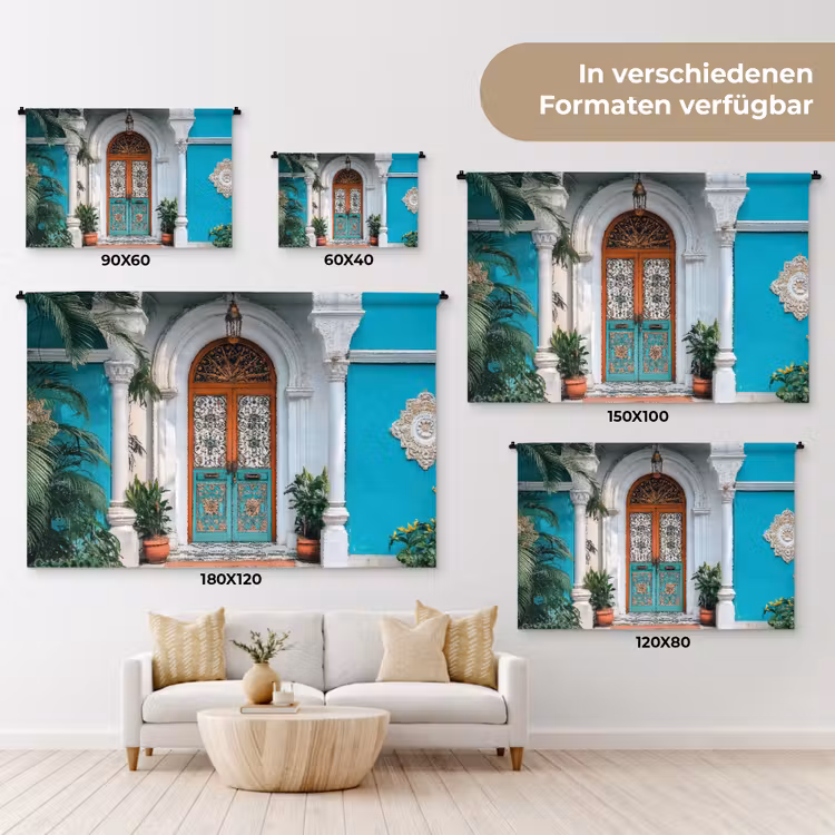 Zuilen - Sierlijke - Deur - Blauw Wandkleed katoen klein -tsfeer8_DE