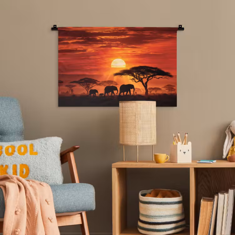 Savanne - Olifanten - Zonsondergang Wandkleed katoen klein -wsfeer4_kind