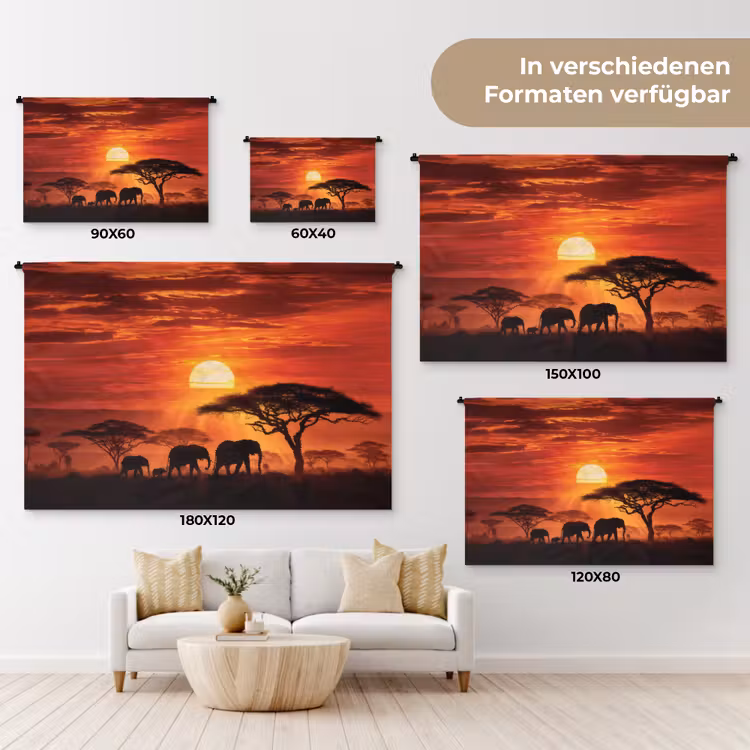 Savanne - Olifanten - Zonsondergang Wandkleed katoen klein -tsfeer8_DE