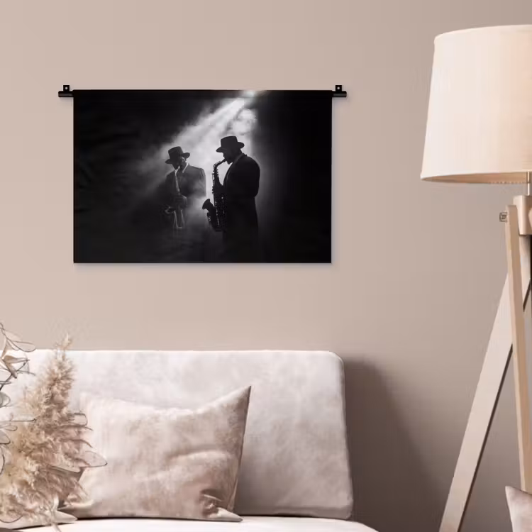 Saxofonisten - Hoeden - Rook - Licht Wandkleed katoen klein -sfeer4