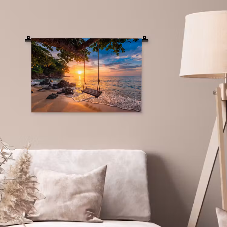 Schommel - Strand - Zonsondergang - Natuur - Oranje Wandkleed katoen klein -sfeer4