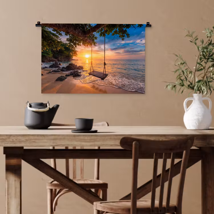 Schommel - Strand - Zonsondergang - Natuur - Oranje Wandkleed katoen klein -sfeer6