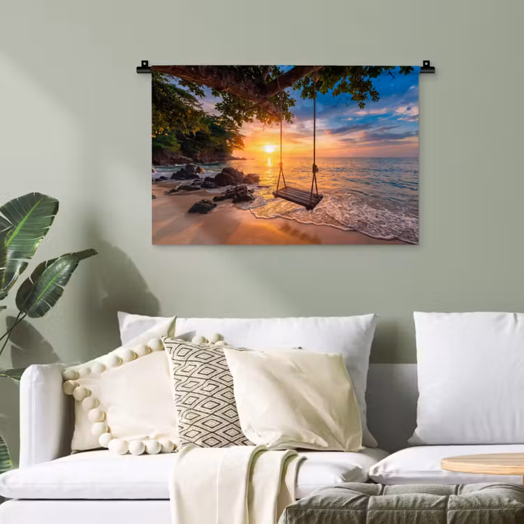 Schommel - Strand - Zonsondergang - Natuur - Oranje Wandkleed katoen klein -sfeer7