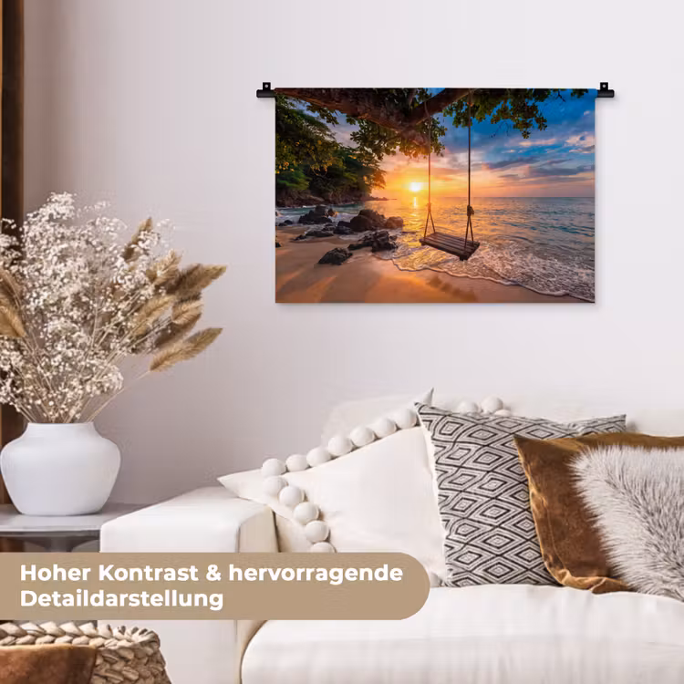 Schommel - Strand - Zonsondergang - Natuur - Oranje Wandkleed katoen klein -tsfeer1_DE