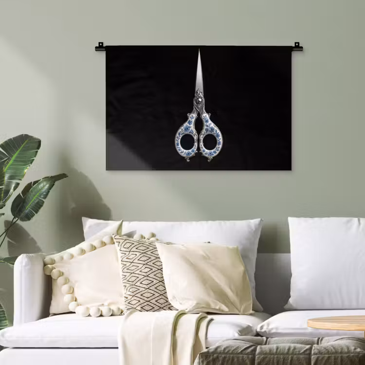Schaar - Delfts blauw - Zwart Wandkleed katoen klein -sfeer7