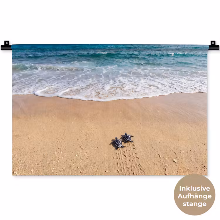 Schildpad - Jong - Strand - Oceaan - Blauw Wandkleed katoen klein -t3d_DE
