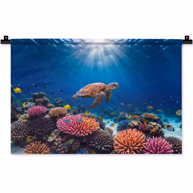 Schildpad - Koraalrif - Oceaan - Dieren - Blauw Wandkleed katoen klein -zz3d