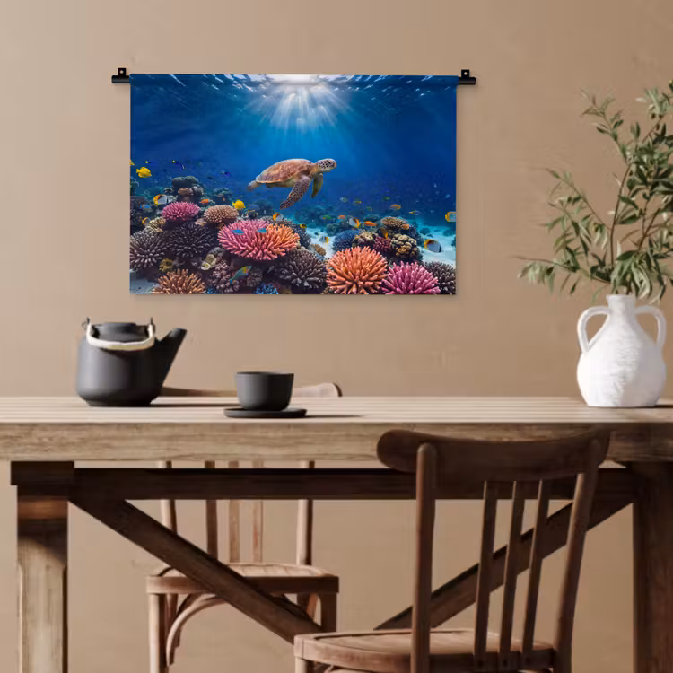 Schildpad - Koraalrif - Oceaan - Dieren - Blauw Wandkleed katoen klein -sfeer6