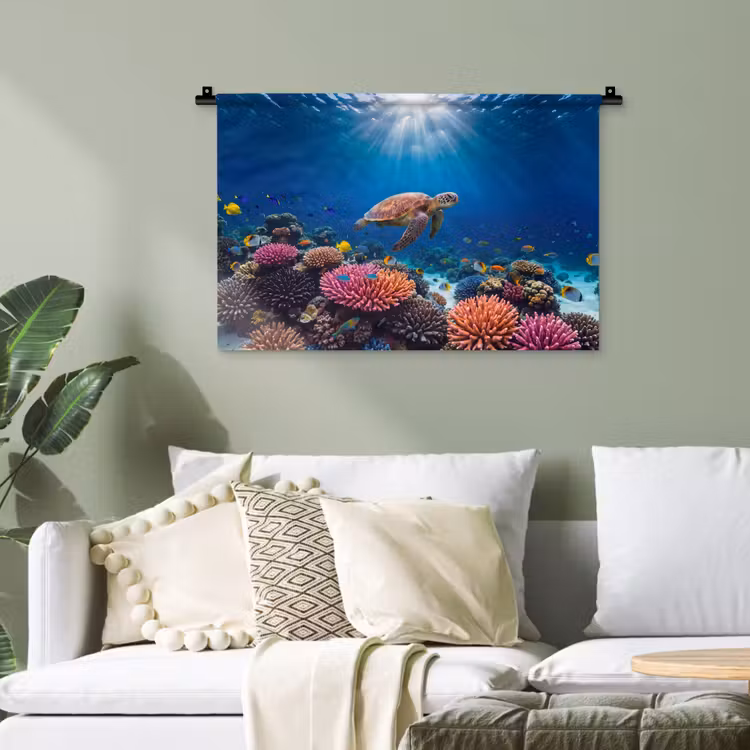 Schildpad - Koraalrif - Oceaan - Dieren - Blauw Wandkleed katoen klein -sfeer7