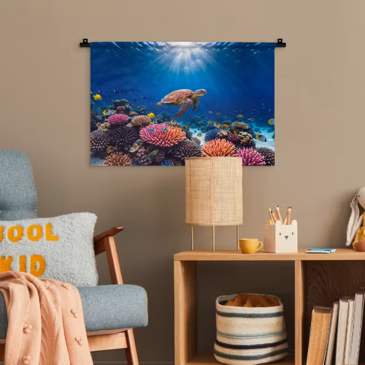 Schildpad - Koraalrif - Oceaan - Dieren - Blauw Wandkleed katoen klein -wsfeer4_kind
