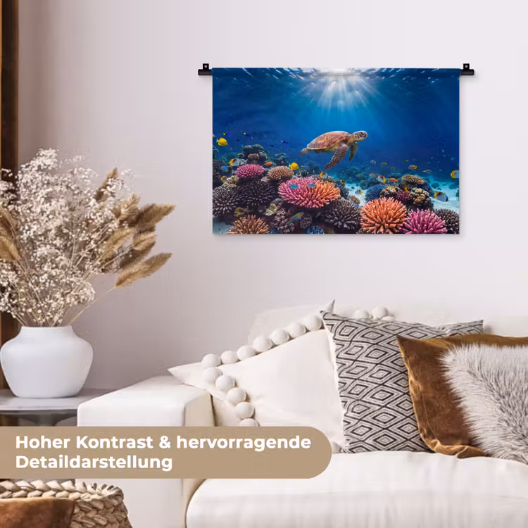 Schildpad - Koraalrif - Oceaan - Dieren - Blauw Wandkleed katoen klein -tsfeer1_DE
