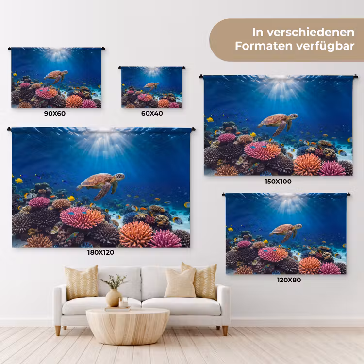 Schildpad - Koraalrif - Oceaan - Dieren - Blauw Wandkleed katoen klein -tsfeer8_DE