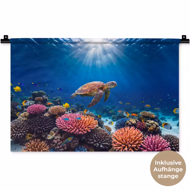 Schildpad - Koraalrif - Oceaan - Dieren - Blauw Wandkleed katoen klein -t3d_DE