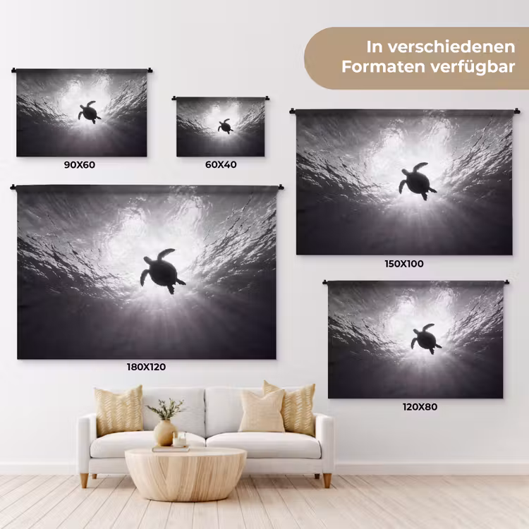 Schildpad - Onderwater - Lichtstralen - Oceaan - Zwart-wit Wandkleed katoen klein -tsfeer8_DE