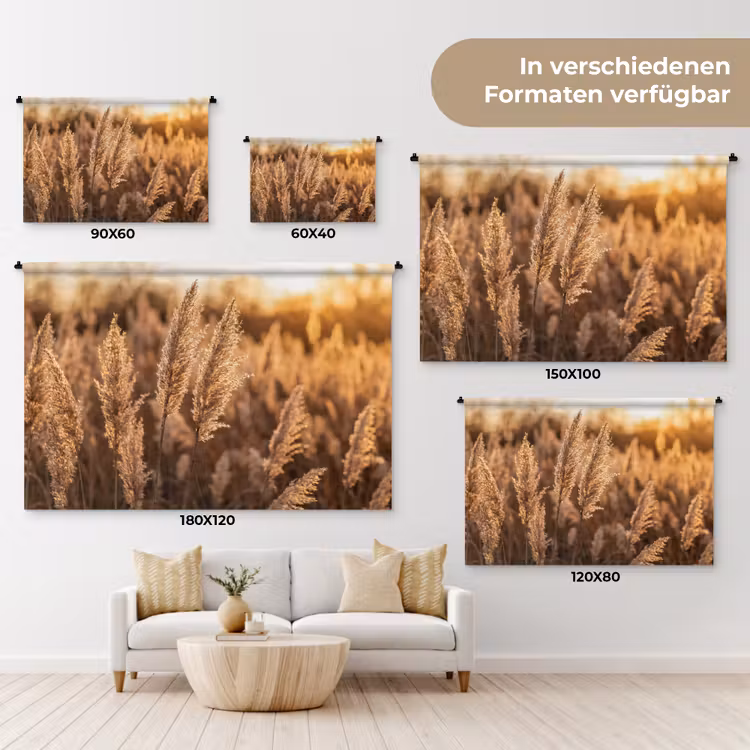 Rietpluimen - Gras - Zonsondergang - Goud - Serene Wandkleed katoen klein -tsfeer8_DE