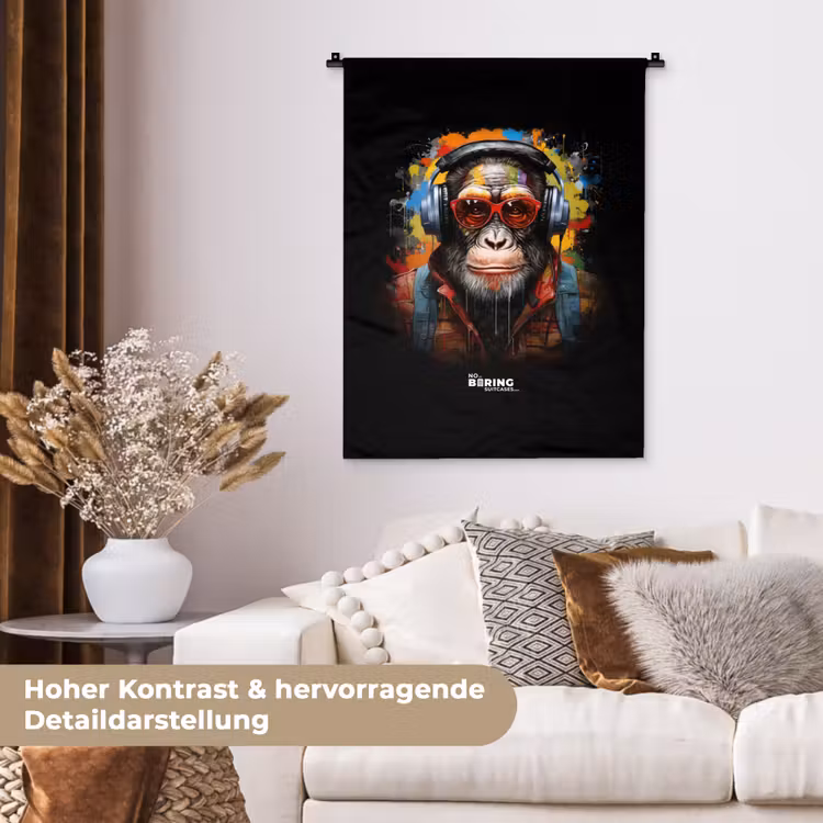 Chimpansee met koptelefoon en graffiti-spray Wandkleed katoen klein -tsfeer1_DE