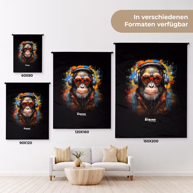 Chimpansee met koptelefoon en graffiti-spray Wandkleed katoen klein -tsfeer8_DE