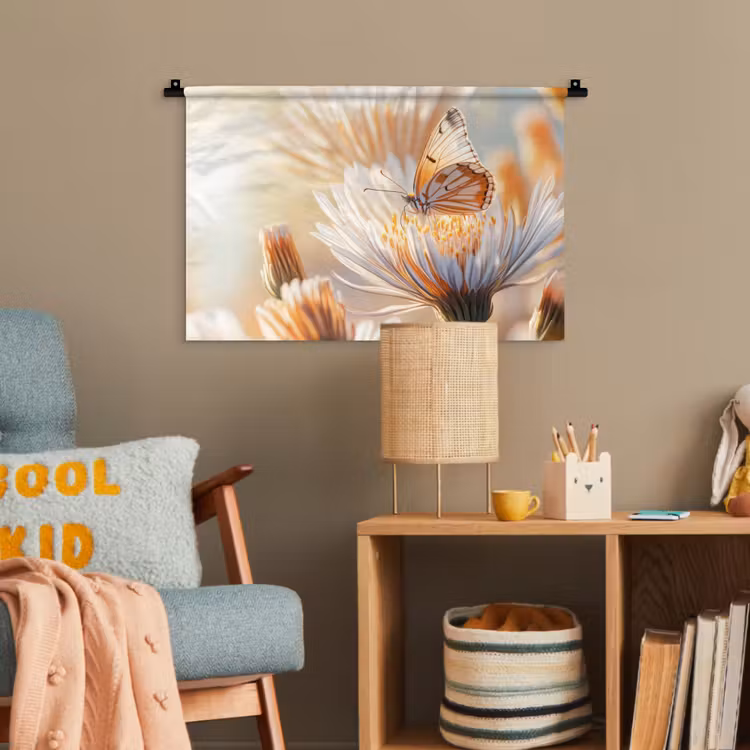 Vlinder - Bloem - Oranje Wandkleed katoen klein -wsfeer4_kind