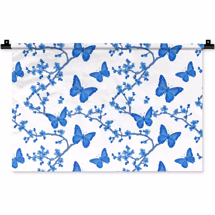 Vlinder - Bloemen - Blauw Wandkleed katoen klein 269 -zz3d