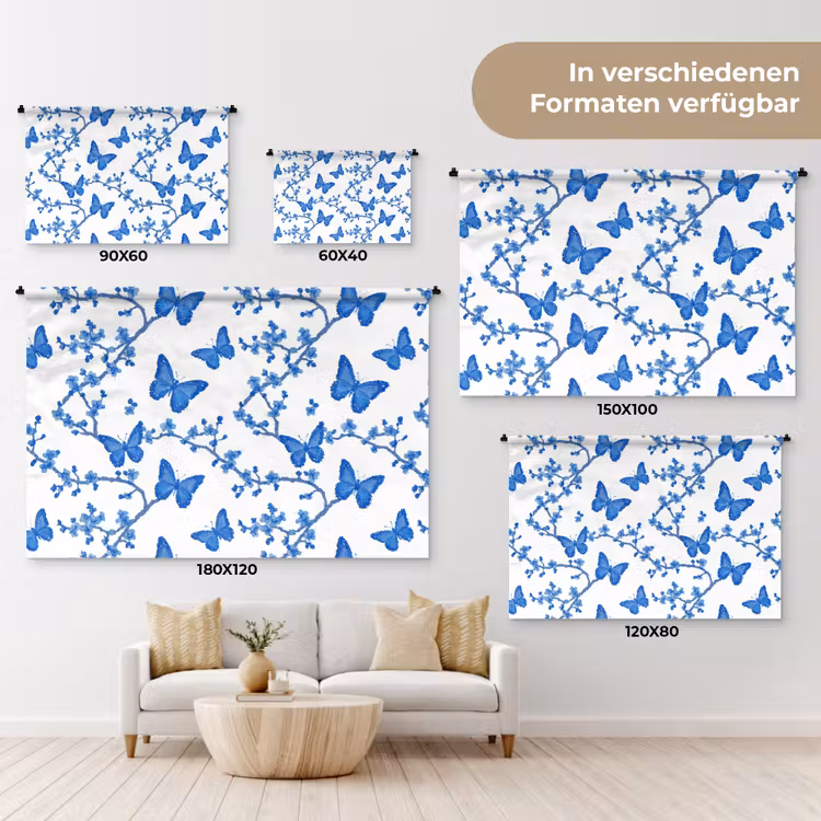 Vlinder - Bloemen - Blauw Wandkleed katoen klein 269 -tsfeer8_DE