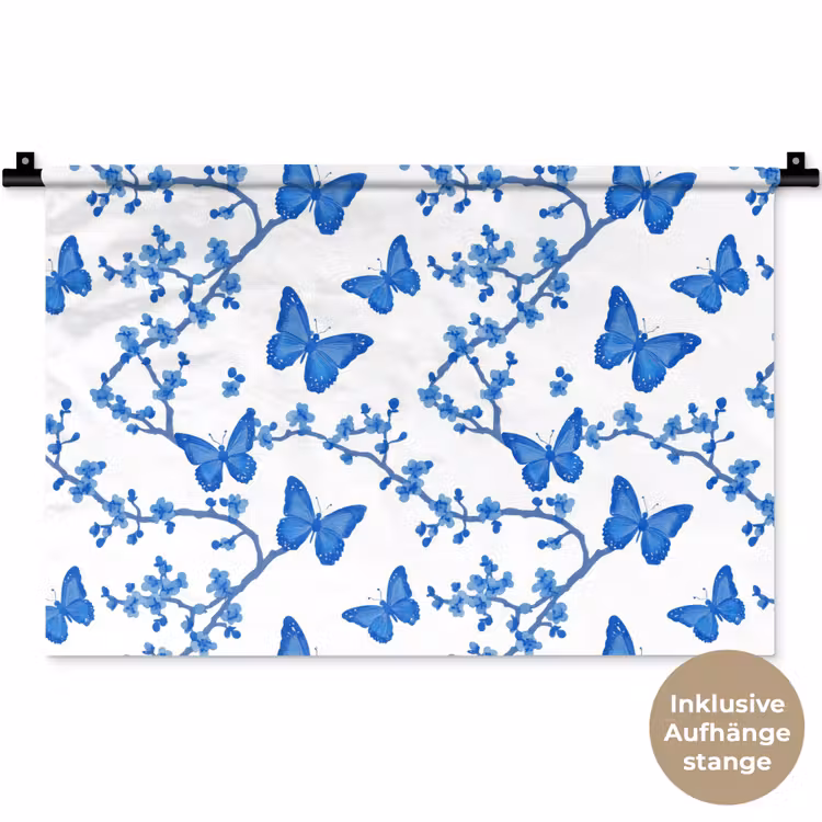 Vlinder - Bloemen - Blauw Wandkleed katoen klein 269 -t3d_DE