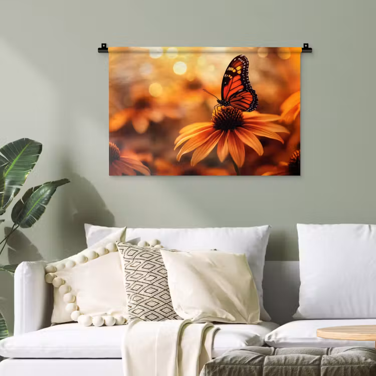 Vlinder - Bloemen - Oranje Wandkleed katoen klein -sfeer7