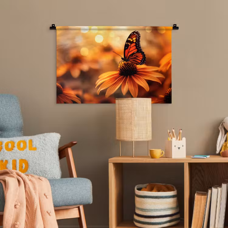 Vlinder - Bloemen - Oranje Wandkleed katoen klein -wsfeer4_kind