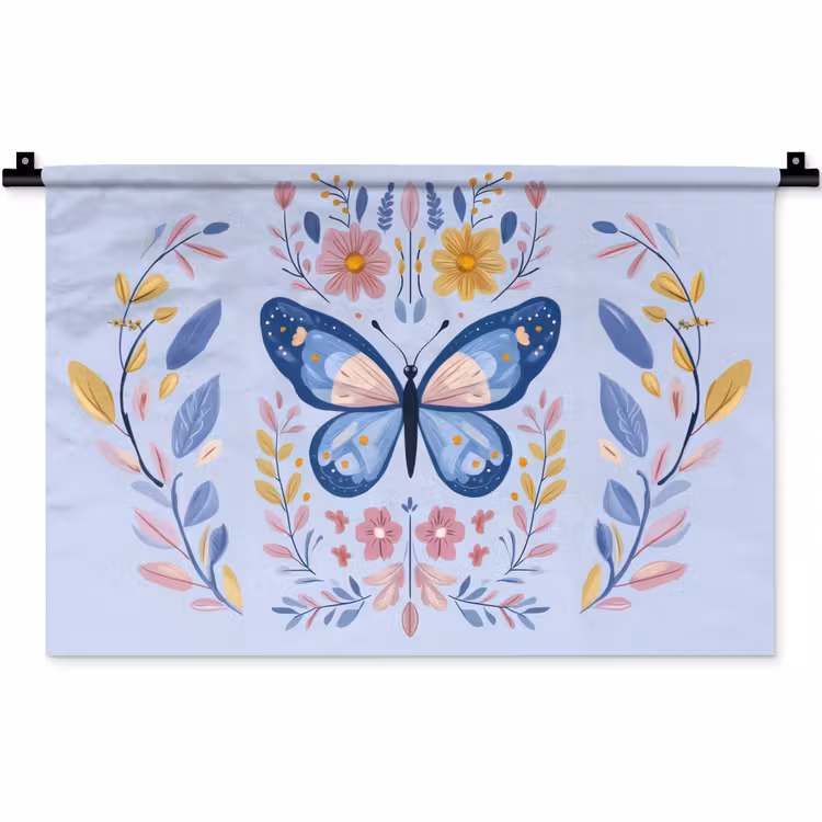 Vlinder - Lichtblauw - Sierlijk - Bloemen Wandkleed katoen klein -zz3d