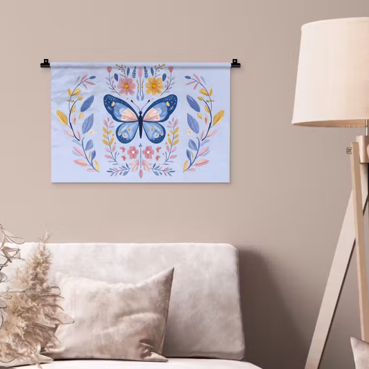 Vlinder - Lichtblauw - Sierlijk - Bloemen Wandkleed katoen klein -sfeer4