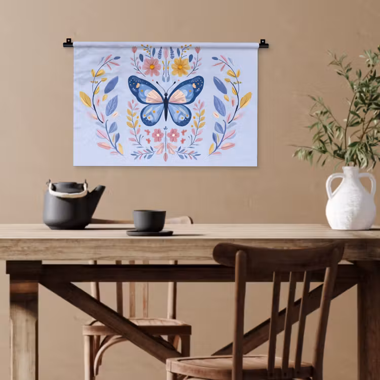 Vlinder - Lichtblauw - Sierlijk - Bloemen Wandkleed katoen klein -sfeer6