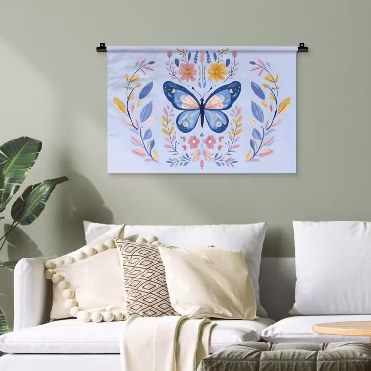 Vlinder - Lichtblauw - Sierlijk - Bloemen Wandkleed katoen klein -sfeer7
