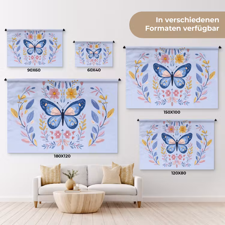 Vlinder - Lichtblauw - Sierlijk - Bloemen Wandkleed katoen klein -tsfeer8_DE