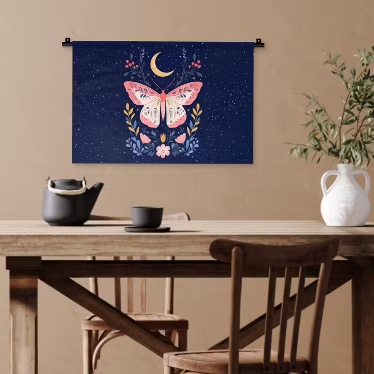 Vlinder - Maan - Bloemen - Sterrenhemel Wandkleed katoen klein -sfeer6