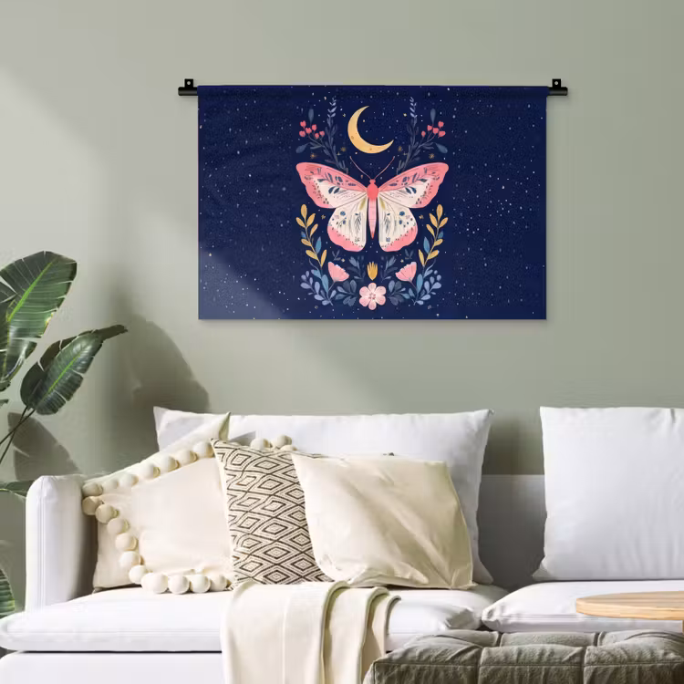 Vlinder - Maan - Bloemen - Sterrenhemel Wandkleed katoen klein -sfeer7