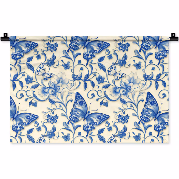 Vlinders - Bloemen - Blauw - Botanisch Wandkleed katoen klein 269 -zz3d