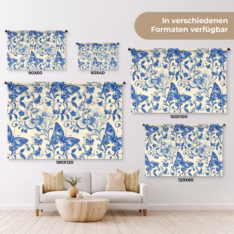 Vlinders - Bloemen - Blauw - Botanisch Wandkleed katoen klein 269 -tsfeer8_DE