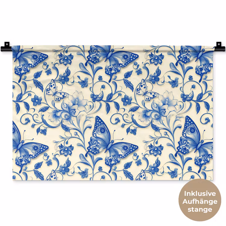 Vlinders - Bloemen - Blauw - Botanisch Wandkleed katoen klein 269 -t3d_DE