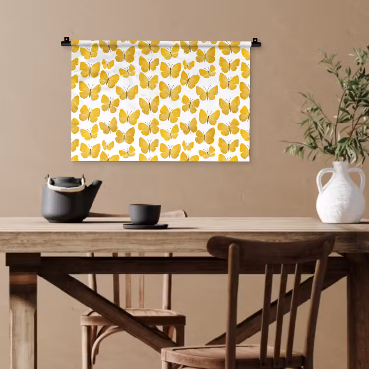 Vlinders - Botanisch - Illustratie - Geel - Wit Wandkleed katoen klein 269 -sfeer6